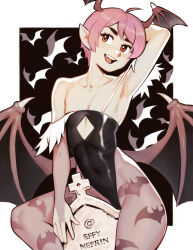 1girl animal_print arm_behind_head arm_up bare_shoulders bat_print black_leotard collarbone darkstalkers demon_girl demon_wings effy_neprin fang flat_chest freckles head_wings leotard lilith_(darkstalkers) looking_at_viewer open_mouth pantyhose pink_hair pointy_ears purple_pantyhose red_eyes short_hair smile solo teeth upper_teeth_only wings