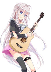 Rule 34 | 1girl, black thighhighs, blue eyes, fei miao, guitar, hair between eyes, highres, holding, ia (vocaloid), instrument, long hair, pink skirt, pleated skirt, silver hair, simple background, skirt, solo, thigh strap, thighhighs, very long hair, vocaloid, white background