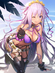 Rule 34 | 1girl, ;d, arm support, bare shoulders, bb (fate), bb (fate) (all), bb (swimsuit mooncancer) (fate), bb (swimsuit mooncancer) (second ascension) (fate), beach, belt, bikini, black footwear, black gloves, black skirt, black thighhighs, blush, boots, breasts, cleavage, closed mouth, collarbone, commentary request, dark-skinned female, dark skin, day, earrings, fate/grand order, fate (series), fingerless gloves, fingernails, gloves, hair between eyes, hair ornament, hair ribbon, hand up, highres, jewelry, large breasts, long hair, looking at viewer, micro shorts, mole, nail polish, one eye closed, open mouth, outdoors, purple bikini, purple eyes, purple hair, purple nails, purple ribbon, ribbon, ririko (zhuoyandesailaer), sand, shorts, skirt, smile, solo, star (symbol), star hair ornament, swimsuit, tan, tanline, thigh boots, thighhighs, tongue, tongue out, very long hair, water, white belt
