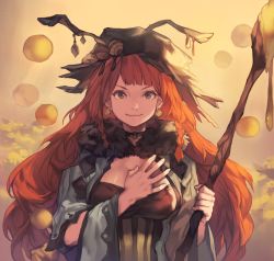 Rule 34 | 1girl, braid, breasts, brown eyes, choker, earrings, fur, hand on own chest, hat, highres, honey, jewelry, lee hyeseung, long hair, looking at viewer, original, red hair, sky, smile, solo, staff, tree, twin braids, upper body