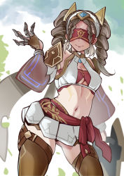 Rule 34 | 1girl, absurdres, blindfold, braid, breasts, brown hair, cleavage, crop top, eremite desert clearwater (genshin impact), genshin impact, gloves, hair ornament, hatoboshi, highres, looking at viewer, navel, sash, simple background, skirt, solo, thighhighs, thighs, twin braids, twintails, white skirt