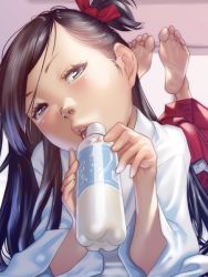 Rule 34 | 1girl, arm support, barefoot, black hair, bottle, feet, hair ribbon, japanese clothes, long hair, looking at viewer, lying, miko, on stomach, parted lips, ribbon, short ponytail, soles, the pose, toes, tongue, tongue out, water bottle