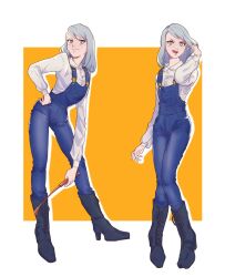 Rule 34 | 1girl, ace attorney, arm at side, azekawa, black footwear, blue hair, blue overalls, boots, border, closed mouth, collared shirt, cross-laced footwear, franziska von karma, grey eyes, hand on own hip, hand up, highres, holding, holding riding crop, knee boots, knees together feet apart, lace-up boots, leaning forward, legs apart, medium hair, mole, mole under eye, multiple views, open mouth, outside border, overalls, pocket, riding crop, shirt, smile, smug, standing, swept bangs, v-shaped eyebrows, white border, white shirt, yellow background