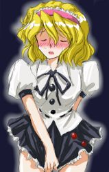Rule 34 | 1girl, alice margatroid, blush, cosplay, closed eyes, female focus, flx, hairband, open mouth, shameimaru aya, shameimaru aya (cosplay), skirt, skirt tug, solo, touhou