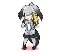 Rule 34 | 1girl, bird girl, bird tail, bird wings, black gloves, black hair, blonde hair, blush, bodystocking, breast pocket, chibi, chibi inset, chibi only, closed mouth, collared shirt, fingerless gloves, flying sweatdrops, full body, gloves, grey hair, grey shirt, grey shorts, hair between eyes, hand up, head wings, index finger raised, kanimiso na double, kemono friends, layered sleeves, legs apart, long hair, long sleeves, looking at viewer, multicolored hair, necktie, pocket, shirt, shoebill (kemono friends), shoes, short over long sleeves, short sleeves, shorts, side ponytail, simple background, smile, solo, standing, tail, white background, white necktie, wing collar, wings, yellow eyes