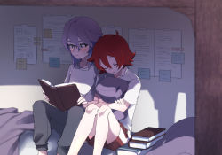 Rule 34 | 2girls, alternate costume, arikindows10, bed, bed frame, bed sheet, bedroom, blush, book, couple, croix meridies, embarrassed, glasses, green eyes, head on another&#039;s shoulder, legs, little witch academia, multiple girls, hugging object, open mouth, pants, paper, pillow, pillow hug, poster (object), purple hair, reading, red hair, shiny chariot, shirt, short hair, shorts, sitting, sleeping, surprised, thighs, wavy hair, white shirt, yuri