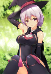 Rule 34 | 10s, 1girl, arm up, armpits, bad id, bad pixiv id, bare shoulders, boots, breasts, cape, covered navel, detached sleeves, elbow gloves, gloves, hai to gensou no grimgar, hat, highres, knee boots, looking at viewer, medium breasts, nature, outdoors, parted lips, purple eyes, purple hair, shihoru (grimgar), shokuyou mogura, short hair, sitting, skin tight, skindentation, solo, witch hat