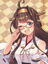 Rule 34 | 10s, 1girl, ahoge, bespectacled, brown hair, checkered background, commentary request, cup, detached sleeves, double bun, glasses, hairband, headgear, highres, ido (teketeke), japanese clothes, kantai collection, kongou (kancolle), long hair, long sleeves, looking at viewer, nontraditional miko, one eye closed, open mouth, purple eyes, ribbon-trimmed sleeves, ribbon trim, skirt, smile, solo, steam, teacup, upper body, wide sleeves