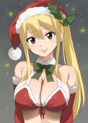Rule 34 | 1girl, bare shoulders, bikini, blonde hair, blush, breasts, brown eyes, christmas, cleavage, collarbone, elbow gloves, fairy tail, gaston18, gloves, green ribbon, hat, highres, large breasts, lips, long hair, looking at viewer, lucy heartfilia, neck ribbon, red bikini, red gloves, red headwear, ribbon, santa bikini, santa hat, side ponytail, sidelocks, smile, swimsuit