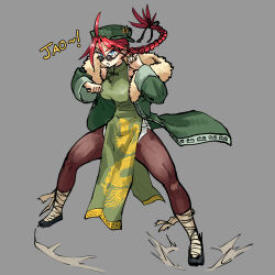 Rule 34 | 1girl, alternate costume, alternate hairstyle, blue eyes, braid, china dress, chinese clothes, dress, fighting stance, full body, fur-trimmed jacket, fur trim, glasses, green dress, green headwear, grey background, highres, hong meiling, jacket, kaibootsu, looking at viewer, red hair, solo, standing, touhou