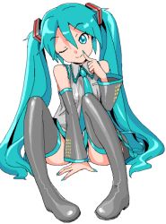 Rule 34 | 1girl, aqua eyes, aqua hair, arm support, boots, detached sleeves, hatsune miku, koyopi, long hair, necktie, one eye closed, panties, pantyshot, pigeon-toed, simple background, sitting, sketch, skirt, smile, solo, striped clothes, striped panties, thigh boots, thighhighs, twintails, underwear, upskirt, very long hair, vocaloid, white background, wink