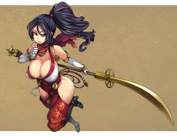 Rule 34 | 1girl, bare hips, bare shoulders, black hair, breasts, brown eyes, cleavage, elbow gloves, covered erect nipples, fingerless gloves, gloves, highres, hip focus, huge breasts, japanese clothes, large breasts, long hair, meme50, miko, momiji (ninja gaiden), ninja, ninja gaiden, ninja gaiden: dragon sword, ninja gaiden dragon sword, ninja gaiden sigma 2, polearm, ponytail, scarf, solo, weapon