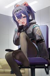 Rule 34 | 1girl, ahoge, arknights, black coat, black hairband, black pantyhose, blue eyes, blue hair, blush, chair, coat, couch, feet, hairband, hand on own face, highres, indoors, leg up, long sleeves, looking at viewer, mole, mole under eye, motion lines, onafuku, one eye closed, open mouth, original, pantyhose, ponytail, short hair, short ponytail, sitting, soles, solo, tearing up, tears, trembling