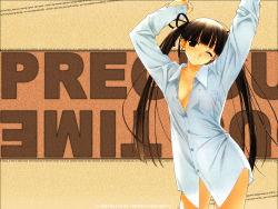 Rule 34 | 1girl, arms up, blouse, bow, breasts, brown eyes, brown hair, cleavage, cowboy shot, dress shirt, hair bow, hair ribbon, hashimoto takashi, head tilt, long hair, one eye closed, open clothes, open shirt, oversized clothes, ribbon, shirt, sleepy, small breasts, smile, solo, stretching, twintails, wallpaper, white shirt, wink
