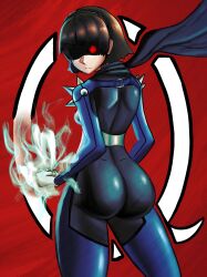 Rule 34 | 1girl, ass, bodysuit, brown hair, chaosoded, glowing, glowing eye, glowing fist, highres, looking at viewer, looking back, megami tensei, niijima makoto, persona, persona 5, scarf, solo, spikes