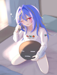 Rule 34 | 1girl, absurdres, alternate costume, bed, blue hair, blush, breasts, commentary request, curtains, full body, green hair, hair between eyes, hair intakes, highres, hiyoku no crosspiece, indoors, kneeling, long bangs, long hair, long sleeves, looking at viewer, mole, mole under eye, multicolored hair, naked shirt, nanashi inc., one eye closed, open mouth, pink eyes, salmon231, shirt, squeans, small breasts, solo, stuffed toy, suzumi nemo, two-tone hair, virtual youtuber, waking up, white shirt, window
