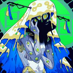 1other absurdres artist_name chromatic_aberration colored_skin covered_face e-8ikari extra_eyes film_grain fingernails green_nails grey_skin highres monster original shaded_face sharp_fingernails shawl twitter_username veil yellow_eyes