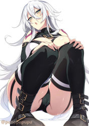 Rule 34 | 1girl, alternate breast size, alternate hair length, alternate hairstyle, bandaged arm, bandages, bare shoulders, black panties, black thighhighs, black vest, blush, breasts, cameltoe, cleavage, cropped vest, crotch, facial scar, fate/apocrypha, fate/grand order, fate (series), green eyes, hair between eyes, highres, jack the ripper (fate/apocrypha), knees up, large breasts, long hair, looking at viewer, aged up, open mouth, panties, cameltoe, puuzaki puuna, scar, scar across eye, scar on cheek, scar on face, shoulder tattoo, sitting, solo, tattoo, thighhighs, underwear, vest, white hair