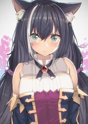 Rule 34 | 1girl, animal ear fluff, animal ears, bare shoulders, black hair, blush, breasts, cat ears, cat girl, closed mouth, commentary request, detached sleeves, frown, green eyes, hair between eyes, hair ribbon, haruken, jacket, karyl (princess connect!), long hair, looking at viewer, low twintails, medium breasts, multicolored hair, princess connect!, ribbon, shirt, sleeveless, sleeveless shirt, solo, streaked hair, twintails, upper body, white hair, white shirt