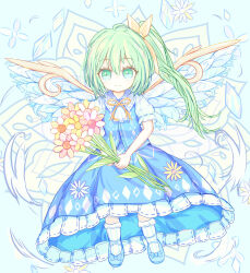 Rule 34 | 1girl, absurdres, ahoge, blue background, blue skirt, blue vest, blue wings, bouquet, closed mouth, commentary request, daiyousei, flower, full body, green eyes, green hair, hair ribbon, highres, holding, holding bouquet, long hair, one side up, ribbon, ro.ro, shirt, short sleeves, side ponytail, skirt, smile, socks, solo, striped clothes, striped socks, touhou, vertical-striped clothes, vertical-striped socks, vest, white shirt, white socks, wings, yellow ribbon
