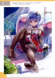 Rule 34 | 1girl, ajax (azur lane), akaza, azur lane, bad id, bad yandere id, beret, black pantyhose, breasts, capelet, cleavage, clothes lift, couch, detached sleeves, feet, flower, hat, highres, holding, lifting own clothes, looking at viewer, official art, pantyhose, parted lips, pillow, red eyes, rose, shoes, silver hair, sitting, skirt, skirt lift, smile, soles, solo, sunlight, toes, two side up, unworn shoe, unworn shoes, wind, window