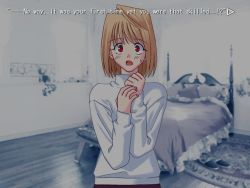 Rule 34 | 00s, 1girl, arcueid brunestud, blonde hair, game cg, hard-translated, looking at viewer, open mouth, red eyes, short hair, solo, surprised, sweater, takeuchi takashi, third-party edit, tsukihime, visual novel