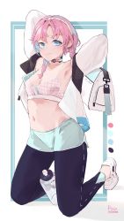 Rule 34 | 1girl, absurdres, arknights, armpits, arms up, bag, bare shoulders, between legs, black leggings, blue border, blue eyes, blue poison (arknights), blue poison (shoal beat) (arknights), blue shorts, blush, border, bottle, braid, breasts, cleavage, closed mouth, collarbone, commentary request, dolphin shorts, earrings, full body, gong cha, hairband, highres, jacket, jewelry, kneeling, leggings, long hair, long sleeves, looking at viewer, navel, off shoulder, official alternate costume, open clothes, open jacket, outside border, parted bangs, pink hair, pink hairband, pixiv id, shoes, short shorts, shorts, simple background, small breasts, smile, sneakers, sports bra, stomach, twin braids, white background, white footwear, white jacket