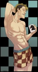 Rule 34 | 1boy, ace attorney, ace attorney investigations, ace attorney investigations 2, arm up, artist name, blonde hair, boxers, checkered background, cup, male focus, male underwear, mohawk, mug, multicolored hair, naitou manosuke, navel, nipples, standing, tanken (outofcheeserror), toned, toned male, topless male, two-tone hair, underwear