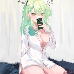 Rule 34 | 1girl, absurdres, antlers, braid, braided bangs, branch, breasts, cellphone, ceres fauna, cleavage, earrings, flower, gradient hair, green hair, green nails, hair flower, hair ornament, highres, hololive, hololive english, horns, jewelry, large breasts, long hair, looking at viewer, mole, mole under eye, multicolored hair, naked shirt, phone, qilin (mythology), revealing clothes, see-through, selfie, shirt, single earring, sitting, solo, star (symbol), star earrings, thighs, virtual youtuber, white shirt, xsilentred, yellow eyes