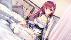 Rule 34 | 1girl, apron, arm at side, bare shoulders, bed, bed sheet, bedroom, black choker, blush, breasts, choker, cleavage, closed mouth, collarbone, dress, earrings, frilled apron, frilled choker, frills, highres, indoors, jewelry, large breasts, long hair, looking at viewer, maid, maid apron, maid headdress, non-web source, on bed, original, pillow, red eyes, red hair, rei (rei&#039;s room), sitting, solo, thighhighs, waist apron, wariza, white apron, white thighhighs, wrist cuffs