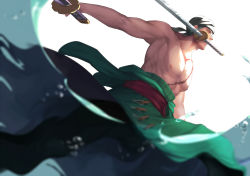 Rule 34 | 1boy, abs, bandana, bara, clothes down, eilinna, feet out of frame, green hair, green kimono, holding, holding sword, holding weapon, japanese clothes, katana, kimono, large pectorals, male focus, moon, moonlight, mouth hold, muscular, muscular male, nipples, one piece, pectorals, roronoa zoro, scar, scar across eye, scar on chest, scar on face, short hair, solo, stomach, sword, topless male, triple wielding, weapon