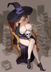 Rule 34 | 1girl, bare shoulders, black eyes, book, breasts, brown hair, chair, cleavage, detached sleeves, dragon&#039;s crown, dress, hat, hat over one eye, head rest, huge breasts, crossed legs, long hair, one eye covered, saitou masatsugu, shoes, side slit, sitting, skull, solo, sorceress (dragon&#039;s crown), strapless, strapless dress, witch hat