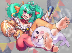 Rule 34 | 1girl, ahoge, barefoot, breasts, clown, commission, coni confetti, eyelashes, facial mark, feet, foot focus, gradient hair, green hair, heart, heart ahoge, holding, idol corp, jacket, mimasato, multicolored clothes, multicolored hair, multicolored jacket, multicolored legwear, neck ruff, open mouth, orange jacket, orange pantyhose, pantyhose, pink eyes, sidelocks, simple background, sitting, skeb commission, small breasts, smell, smile, soles, solo, teeth, toeless legwear, toenails, toes, twintails, virtual youtuber