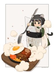 Rule 34 | 1girl, akai sashimi, animal ears, apron, artist name, black eyes, black hair, blush, border, carrot, cat ears, cat tail, closed mouth, corn, double-parted bangs, dress, fork, fried egg, frilled apron, frills, full body, green dress, grey background, highres, holding, holding fork, light frown, long sleeves, looking at object, maid, original, outside border, oversized object, revision, riot shield, shield, short hair, simple background, frying pan, smoke, solo, straight hair, tail, v-shaped eyebrows, white apron, white border
