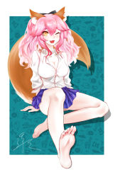 Rule 34 | 1girl, absurdres, animal ears, arm support, barefoot, breasts, brown eyes, cleavage, fang, feet, foot focus, highres, long hair, looking at viewer, one eye closed, open clothes, open mouth, open shirt, pink hair, shirt, sitting, soles, tail, toes, twintails, wink