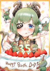 Rule 34 | 1girl, :q, black shirt, blue eyes, blush, border, cake, candle, character doll, closed mouth, commentary request, creature, curled horns, demon, demon tail, eyepatch, food, fruit, green necktie, grey horns, happy birthday, highres, horns, looking at viewer, medium bangs, nanashi inc., necktie, orange border, pastry bag, pointy ears, same (samerasiki), sekishiro mico, shirt, short hair, sleeveless, sleeveless shirt, smile, strawberry, tail, tongue, tongue out, upper body, whipped cream