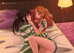 Rule 34 | 2girls, a mimishi, artist name, bare shoulders, black hair, blue eyes, blue tattoo, blush, bracelet, breasts, brown eyes, cuddling, denim, denim shorts, glasses, green shirt, green skirt, green sweater, highres, indoors, jewelry, large breasts, long hair, looking at another, lying, miniskirt, multicolored shirt, multiple girls, nami (one piece), nami (one piece) (strong world), nico robin, nico robin (strong world), official alternate costume, on bed, on side, one piece, one piece: strong world, orange hair, patreon logo, patreon username, pillow, ponytail, red shirt, shirt, short shorts, shorts, shoulder tattoo, skirt, sleeveless, sleeveless shirt, smile, striped clothes, striped sweater, sweater, tattoo, watermark, web address, white sweater, yellow shirt, yuri