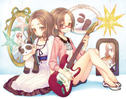 Rule 34 | bare legs, brown eyes, brown hair, dress, eating, flute, guitar, hot dog, instrument, legs, namanie, no socks, original, photo (object), picture frame, shoes, shorts, sitting, star (symbol), stuffed animal, stuffed panda, stuffed toy, thighs