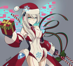 Rule 34 | 1girl, @ @, black gloves, blue eyes, box, candy, candy cane, closed mouth, food, gift, gift box, gloves, grey background, hat, highres, holding, holding candy, holding candy cane, holding food, holding gift, ico (megaman x dive), leotard, long hair, looking at viewer, mega man (series), mega man x (series), mega man x dive, mikan 763, red hat, robot girl, santa hat, signature, solo, white hair