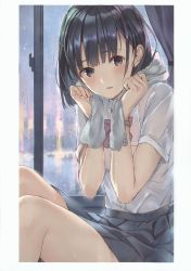 Rule 34 | 1girl, absurdres, blouse, highres, indoors, rain, scan, shirt, sitting, solo, tagme, water drop, weee (raemz), white shirt