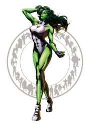 Rule 34 | 1girl, abs, absurdres, breasts, capcom, cleavage, colored skin, female focus, fingerless gloves, gloves, green hair, green skin, highres, large breasts, leotard, marvel, marvel vs. capcom, marvel vs. capcom 3, mori toshiaki, muscular, muscular female, she-hulk, smile, solo
