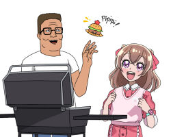 Rule 34 | 1boy, 1girl, brown hair, burger, clenched hands, crossover, delicious party precure, english text, ffgghhjj, floating, floating object, food, glasses, grill, hair ribbon, hank hill, happy, king of the hill, looking at object, nagomi yui, open mouth, precure, purple eyes, ribbon, smile, sweater, watch, white background