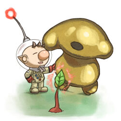 Rule 34 | 1boy, alien, big nose, brown hair, buried, buttons, closed eyes, colored skin, commentary request, full body, gloves, glowing, grass, hand on another&#039;s hip, hand on own hip, helmet, hole in head, leaf, looking at another, monster, naru (wish field), nintendo, olimar, open mouth, patch, pikmin (creature), pikmin (series), plasm wraith, pointy ears, radio antenna, red gloves, red light, red pikmin, red skin, short hair, slime (substance), smile, space helmet, spacesuit, very short hair, whistle, white background
