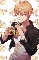 Rule 34 | 1boy, absurdres, antenna hair, black jacket, blonde hair, candy, cellphone, chibi, chibi inset, collarbone, earrings, fate/grand order, fate/stay night, fate (series), food, gilgamesh (fate), hair between eyes, highres, holding, holding candy, holding food, holding lollipop, holding phone, huge filesize, jacket, jewelry, lollipop, long sleeves, male focus, official alternate costume, open clothes, open jacket, outline, phone, red eyes, shirt, short hair, simple background, smartphone, solo, tuze111, upper body, white shirt