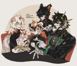 Rule 34 | 1girl, 3boys, aak (arknights), ace (playing card), ace of diamonds, animal ear piercing, arknights, black coat, black shirt, card, cat boy, china dress, chinese clothes, coat, confetti, diamond (shape), dog boy, dragon boy, dress, fang, flower, furry, furry female, furry male, gloves, grey background, grin, hair between eyes, holding, holding card, holding flower, hung (arknights), jacket, lee (arknights), multiple boys, open mouth, orange eyes, playing card, red flower, shirt, sirakaro, slit pupils, smile, tiger girl, waai fu (arknights), white gloves, white jacket