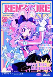 Rule 34 | 1girl, animal ear fluff, animal ears, arms up, artist name, belt, black bow, black bowtie, black skirt, blue background, blue border, border, bow, bowtie, camera, cassette tape, cellphone, commentary, cover, cowboy shot, creature, english text, fake magazine cover, finger gun, flip phone, from side, gloves, hair bow, heart, highres, jacket, long hair, long sleeves, looking at viewer, looking to the side, magazine cover, open mouth, original, phone, pink eyes, pink hair, pink jacket, rabbit ears, rainbow, renzhi00334233, skirt, solo, sparkle, standing, symbol-only commentary, tentacle hair, white belt, white gloves