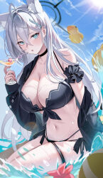 Rule 34 | 1girl, absurdres, animal ear fluff, animal ears, black choker, blue archive, blue eyes, breasts, broken halo, choker, cleavage, cloud, cross hair ornament, cup, drinking straw, extra ears, food, fruit, grey hair, hair ornament, halo, highres, holding, holding cup, huge breasts, long hair, long sleeves, looking at viewer, mismatched pupils, navel, parted lips, rubber duck, shiroko (blue archive), shiroko terror (blue archive), sky, solo, swimsuit, tansuan (ensj3875), thigh strap, thighs, very long hair, water, wet, wolf ears