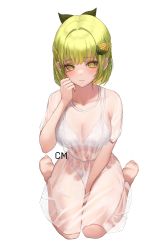 Rule 34 | 1girl, absurdres, barefoot, blush, bra, closed mouth, collarbone, commission, corn cob, full body, green eyes, green hair, hair ornament, highres, kneeling, lingerie, looking at viewer, mohaka (m 0haka), navel, original, panties, see-through, short hair, simple background, solo, underwear, white background, white bra, white panties