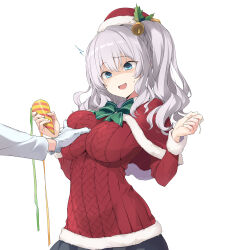 Rule 34 | 1girl, admiral (kancolle), blush, breasts, capelet, christmas, cowboy shot, fur-trimmed capelet, fur-trimmed headwear, fur trim, grabbing, grabbing another&#039;s breast, grey hair, groping, hat, kantai collection, kashima (kancolle), large breasts, long hair, red capelet, red sweater, sakana (flame sakana), santa costume, santa hat, smile, sweater, twintails, wavy hair, white background