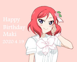 Rule 34 | 1girl, a song for you! you? you!, artist name, artist request, blush, bow, female focus, flower, hair between eyes, hair flower, hair ornament, hamuno, highres, leaf hair ornament, looking at viewer, love live!, love live! school idol festival, love live! school idol project, nishikino maki, parted lips, pink background, pink bow, pink neckwear, pink scrunchie, playing with own hair, purple eyes, red hair, sailor collar, scrunchie, shirt, short hair, skirt, smile, solo, white shirt, white skirt